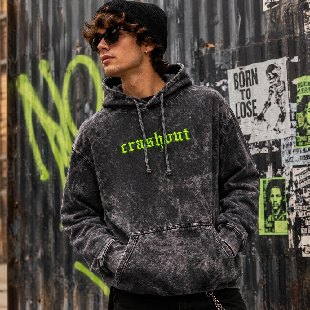 Crashout Hoodie Sz 2XL Acid Wash Black Gray Pullover Streetwear Goth Y2K Alt